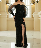 New Elegant Black Puff sleeve sweetheart neck Prom & Evening Dress
