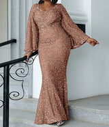 PLUS SIZE Sweetheart Neck Maxi Sequin Trumpet Sleeve Gown