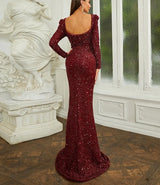 Elegant and sophisticated Red Sequin Prom Dress with deep Sweetheart Neck & Long Sleeve