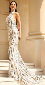 Open Back Sequin Halter Neck Sleeveless Long Gown