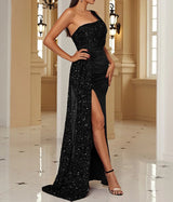 Velvet High Slit One Shoulder Elegant Evening Dress