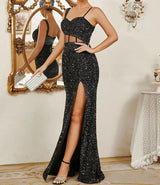 New- High Split with exposed corset Black Prom and Evening Dress