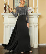 Elegant Black Evening Dress with attached Train - Women's O-Neck Long Sleeve Sequin Patchwork Gown