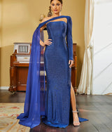 Sexy Glitter Blue One shoulder Evening Prom Bridesmaid Dress with Split and cape