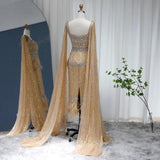 New Luxury Feather Crystal Evening Dress with Bling Cape