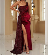 Velvet High Slit One Shoulder Elegant Evening Dress
