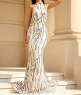 Open Back Sequin Halter Neck Sleeveless Long Gown