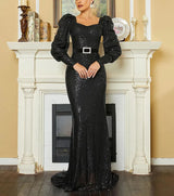 Elegant Black Mermaid Evening Dress with Lantern Sleeves and Sequin Belt