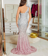 White /silver /pink Gradient mermaid Evening dress with one shoulder floral