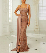 Sequins Suspender Evening Dress with High Slit