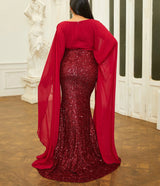Elegant Plus Size Sequin Evening Dress with extra Long Sleeves and V Neck