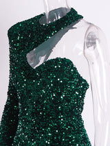 Elegant Single Sleeve Strapless Stretchy Sequin Evening Dress