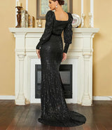 Elegant Black Mermaid Evening Dress with Lantern Sleeves and Sequin Belt