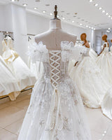 Boho Crystal Beading Lace Appliques A-Line Off the Shoulder Wedding Gown