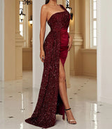 Velvet High Slit One Shoulder Elegant Evening Dress