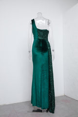 Velvet High Slit One Shoulder Elegant Evening Dress