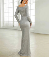 New Elegant Shimmery Long Sleeve Square Collar Bodycon Party Dress