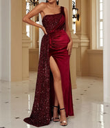 Elegant Long Cocktail Sequins Dress with One Shoulder Draped split Satin Evening Gown