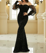 New Elegant Black Puff sleeve sweetheart neck Prom & Evening Dress