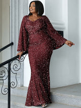 PLUS SIZE Sweetheart Neck Maxi Sequin Trumpet Sleeve Gown