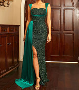 Sequins Suspender Evening Dress with High Slit