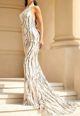 Open Back Sequin Halter Neck Sleeveless Long Gown