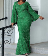 PLUS SIZE Sweetheart Neck Maxi Sequin Trumpet Sleeve Gown