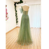 Elegant Handcrafted One shoulder cap sleeve Split Evening Dress.