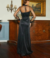 New elegant Black Glitter high Neck Lantern Mesh long Sleeve with split evening and party dress