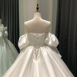 Vintage satin puff sleeve Beaded center wedding dress