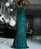 Off Shoulder Ruffle Neck Green Sequin A-line Fitted Dress