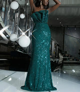 Off Shoulder Ruffle Neck Green Sequin A-line Fitted Dress