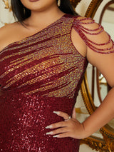 New Curvy Plus Size Elegant Red or Green One Shoulder Tassels Sequins Evening Dress