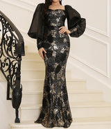 New Elegant Black Long evening Dress with Mesh Lantern Sleeves and Backless design