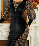 Elegant Black Sequin Velvet Evening Gown with Lantern Sleeves and Backless Design - Perfect for Weddings, Proms, and Other Special Occasions