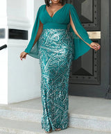 Plus Size Formal V Neck Sequin Slit Back Cloak Dress