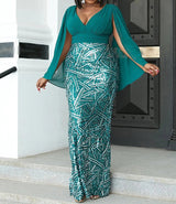 Plus Size Formal V Neck Sequin Slit Back Cloak Dress
