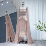 New Luxury Feather Crystal Evening Dress with Bling Cape