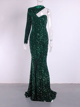Elegant Single Sleeve Strapless Stretchy Sequin Evening Dress