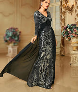 Elegant Black Evening Dress - Women's Long Sleeve V Neck Sequin Bodycon Formal Gown with Train