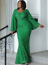 PLUS SIZE Sweetheart Neck Maxi Sequin Trumpet Sleeve Gown