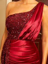 Elegant Burgundy Mini Cocktail Sequins Dress with One Shoulder Draped Satin
