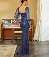 Elegant Navy Blue Long sleeve Bodycon sweetheart neckline sequins Evening Dress