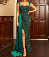 Sequins Suspender Evening Dress with High Slit