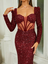 Elegant and sophisticated Red Sequin Prom Dress with deep Sweetheart Neck & Long Sleeve