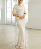 Elegant Apricot Sequin Mermaid Cloak cover shoulder Evening Dress