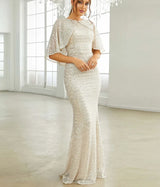 Elegant Apricot Sequin Mermaid Cloak cover shoulder Evening Dress