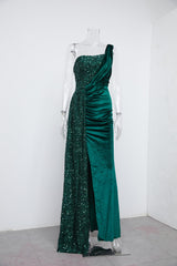 Velvet High Slit One Shoulder Elegant Evening Dress