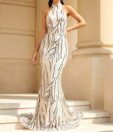 Open Back Sequin Halter Neck Sleeveless Long Gown