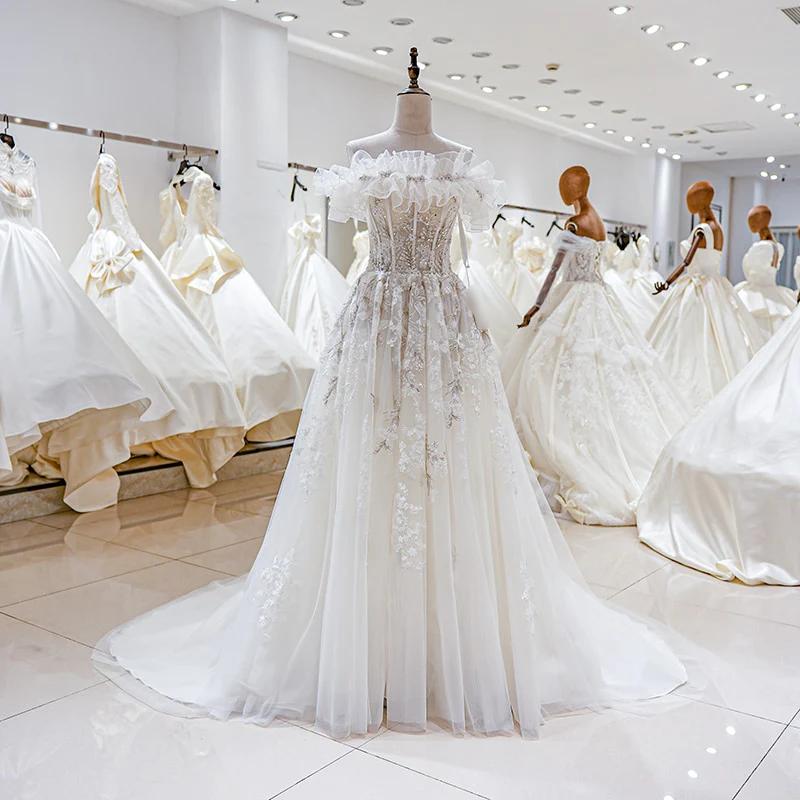 Boho Crystal Beading Lace Appliques A-Line Off the Shoulder Wedding Gown Ivory / 50cm / 4